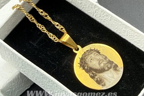 Colgante medalla redonda 25mm-cadena 2*50 cm- foto grabación personalizada láser, acero 316L chapado oro 18k