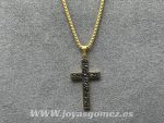 Cadena 3mm*45 cm+cruz circonitas negras,acero 316L chapado oro 18k