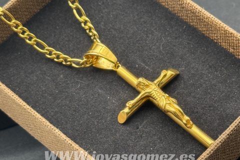 Colgante crucifijo-Cadena 4mm*60cm, acero 316L chapado oro 18k