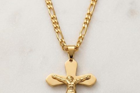 Cadena 4*60cm y crucifijo, acero 316 L chapado oro 18k-PROMOCIÓN-