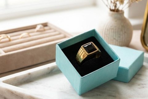 Solitario piedra negra, talla 22,acero 316L chapado oro 18k-