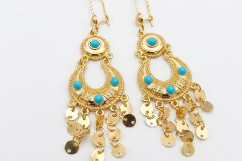Pendientes Chandelier Turquesa,9 cm acero 316L chapado oro 18k