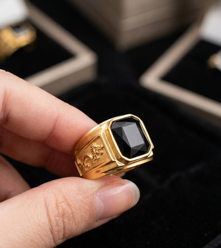 WhatsApp Image 2026-08-21 at 12.59.55 Sello piedra negra dragón,talla 24 acero 316L chapado oro 18k - Imagen 1