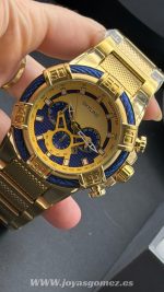 Reloj calendario dorado azul ,acero 316L chapado oro 18k - Imagen 2