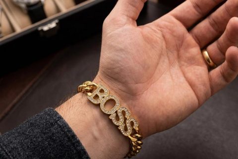Pulsera BOSS circonitas, 23*12 mm, acero 316L chapado oro 18k