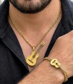 Conjunto cadena+pulsera+colgante guitarra, acero 316 l chapado oro 18k