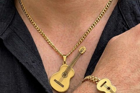 Conjunto cadena+pulsera+colgante guitarra, acero 316 l chapado oro 18k