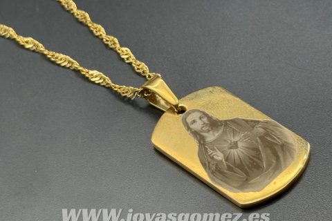 Colgante placa 36*22mm-cadena 2*50 cm- foto grabación personalizada láser, acero 316L chapado oro 18k