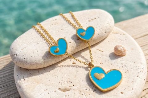 Conjunto corazones turquesa, acero 316L chapado oro 18k-LIQUIDACION-
