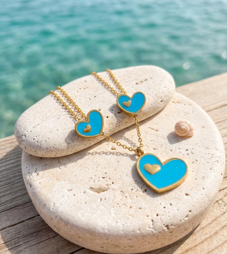 WhatsApp Image 2026-04-08 at 10.08.58 Conjunto corazones turquesa, acero 316L chapado oro 18k-LIQUIDACION- - Imagen 1