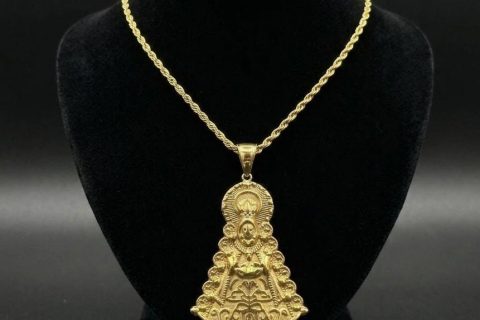 Medalla virgen del Rocío grande + Cordón 4 *60cm , acero 316L Chapado oro 18k.