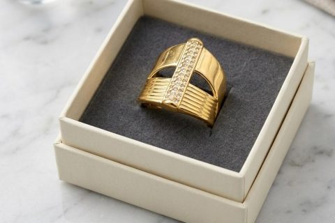 Anillo lanzadera circonitas,numero 16, acero 316L chapado oro 18k-LIQUIDACION-