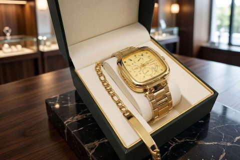Reloj dorado+esclava ,acero 316L chapado oro 18k