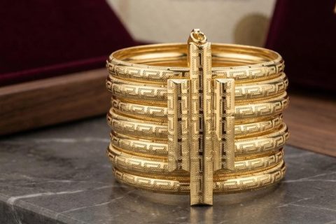 SEMANARIO RIGIDO MUJER GRECA, ACERO 316L CHAPADO ORO18K