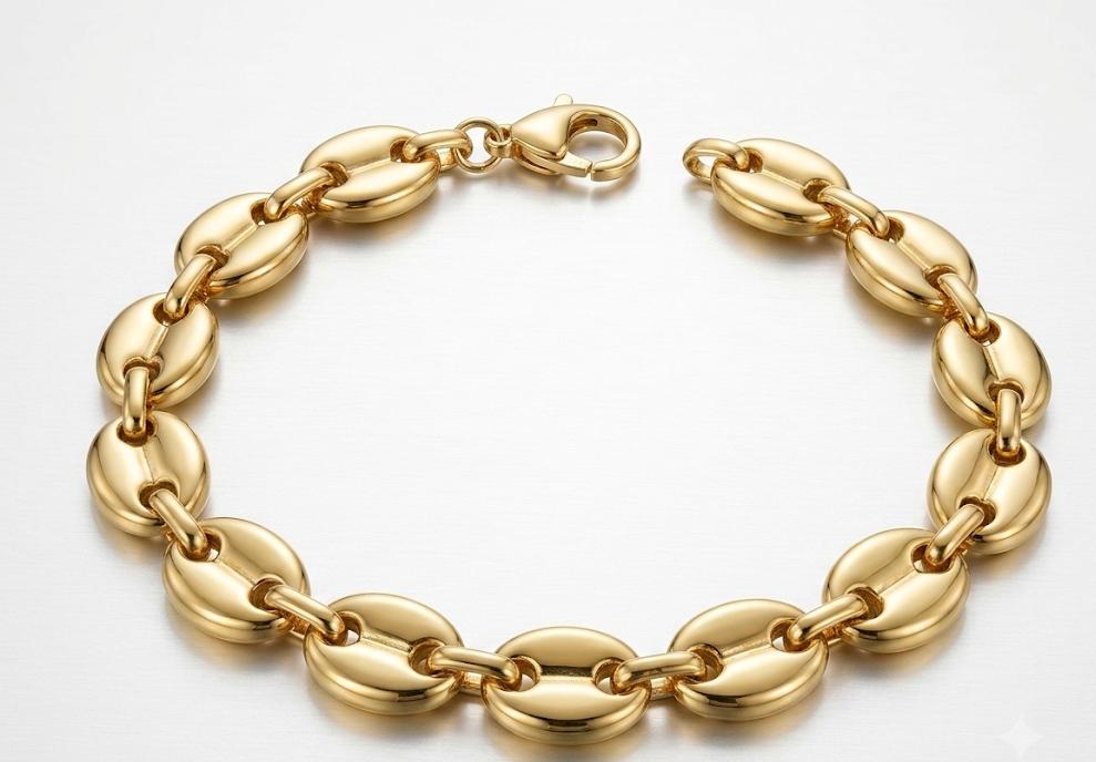 WhatsApp Image 2026-06-09 at 09.41.38 Pulsera granos café, 11mm *21cm,acero 316L, chapado oro 18k - Imagen 1