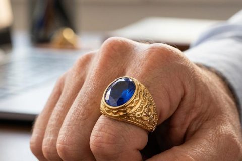 Sello piedra redonda azul, talla 22, acero 316L chapado oro 18k-