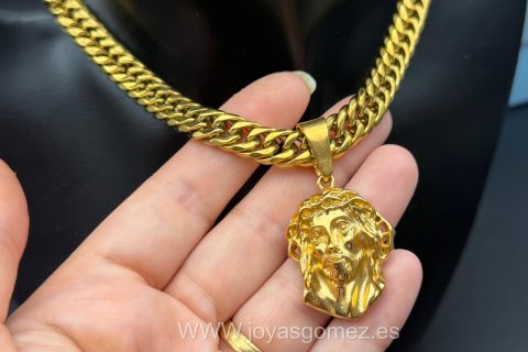 Colgante cara cristo-cadena cubana 10mm*60cm, acero 316 L chapado oro 18k