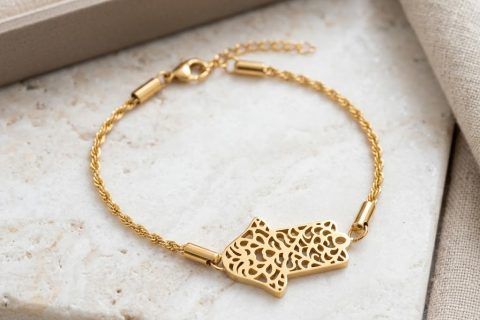 Pulsera cordón mano Fátima ,acero 316 L chapado oro 18k