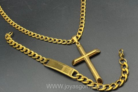 Cadena cubana 6 mm*60cm y esclava 8mm* 21cm+cruz lisa, acero 316L, chapado oro 18k