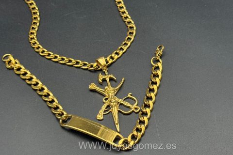 Cadena cubana 6 mm*60cm y esclava 8mm* 21cm+Colgante legión, acero 316L, chapado oro 18k