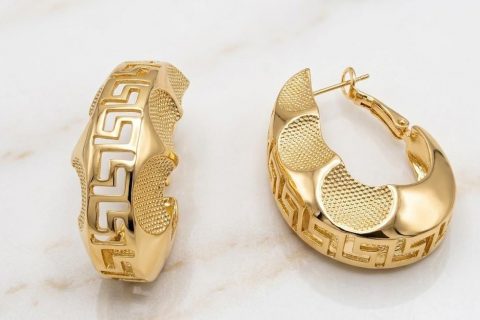 Argollas greca 3.5 cm,acero 316L chapado oro 18k