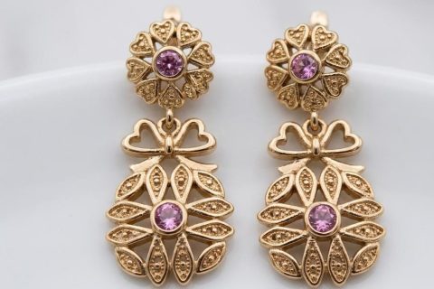 Pendientes cubanitas piedras rosa acero 316L chapado oro 18k