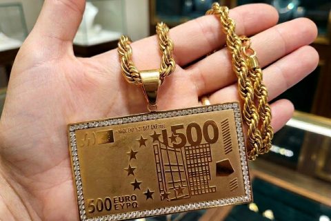 Colgante billete 500 extra grande-cordón 8*60cm, acero 316 L chapado oro 18k