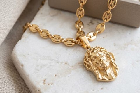 Cadena café 6*60 cm+rostro cristo, acero 316L chapado oro 18k