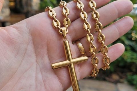 Cadena café 6*60 cm+cruz lisa, acero 316L chapado oro 18k