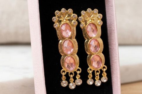 Pendientes semáforo rosa 4cm, acero 316L chapado oro 18k
